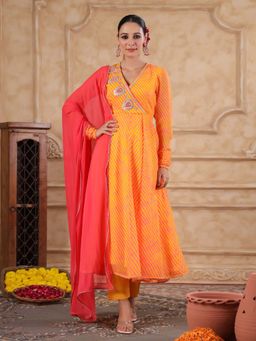 Gillori - Teej Leheriya Embroidered Anarkali Kurta with Pant and Dupatta (Set of 3)
