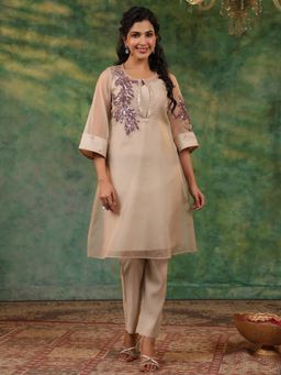 Gillori - Beige Urvi Embellished Kurta with Inner and Pant (Set of 3)