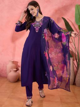 KVS FAB - Purple Embroidered Kurta with Pant and Dupatta (Set of 3)