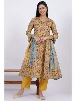 W - Floral Printed Chanderi Anarkali Kurta and Pant with Dupatta (Set of 3)