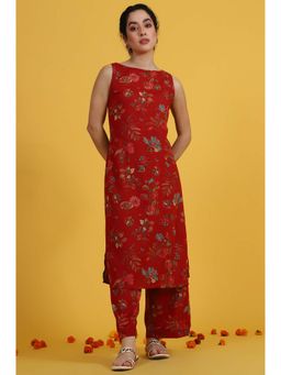 W - Red Floral Printed A-Line Kurta and Flared Pant (Set of 2)