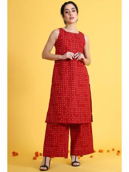 W - Red Printed Straight Kurta with Palazzo (Set of 2)