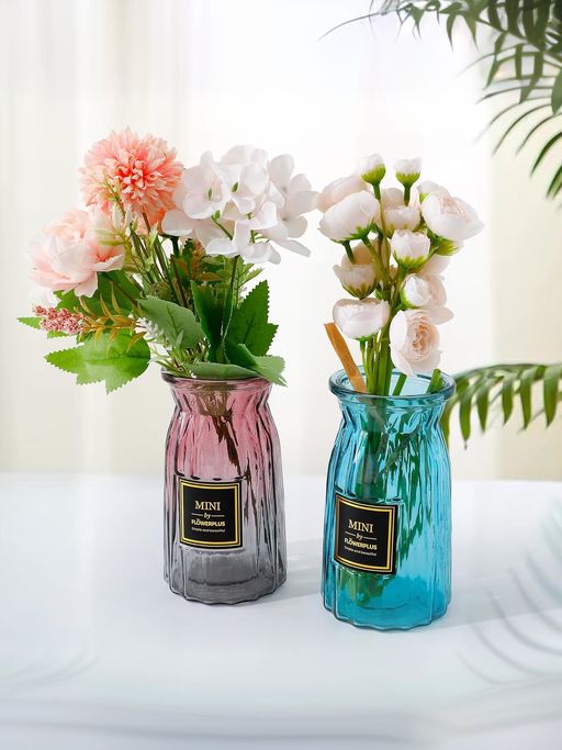 Ekhasa Blue & Red Flower Glass Vase for Home Decor (Set Of 2) (6 Inches)