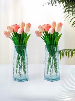 Ekhasa - Blue Flower Glass Vase for Home Decor (Set Of 2) (6 Inches)