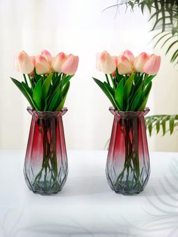 Ekhasa - Red & Grey Flower Glass Vase for Home Decor (Set Of 2) (6 Inches)
