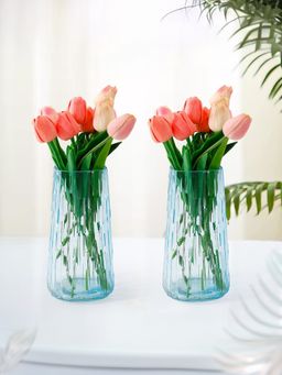 Ekhasa - Blue Flower Glass Vase for Home Decor (Set Of 2) (6 Inches)