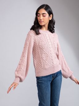 Twenty Dresses by Nykaa Fashion - Pink Solid Crew Neck Full Sleeves Sweater Top
