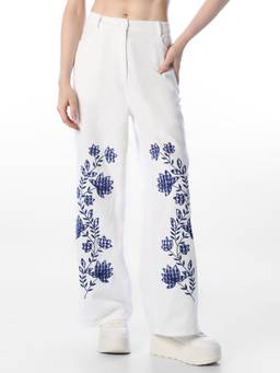 ONLY - Women's Embroidery Regular Fit White Trousers