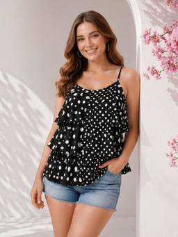 Oxolloxo - Black Polka Dot Print Layered Poly Satin Strappy Top