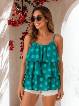 Oxolloxo - Green Polka Dot Print Layered Poly Satin Strappy Top