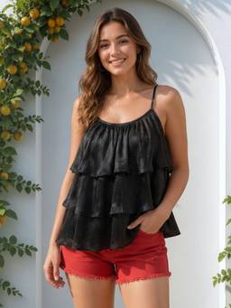 Oxolloxo - Black Solid Layered Poly Satin Strappy Top
