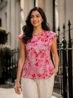 Oxolloxo - Pink Floral Print Short Sleeve Peplum Top