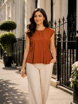 Oxolloxo - Brown Short Sleeve Peplum Satin Top