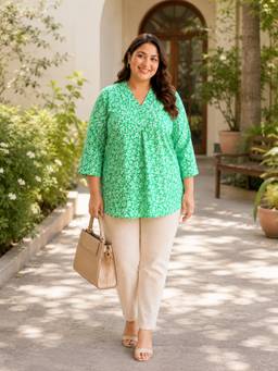 Oxolloxo - Plus Size Green Floral Rayon Print V- Neck Top