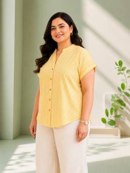 Oxolloxo - Plus Size Yellow Stripe Print Short Sleeve Seasucker Cotton Dobby Button Down Top