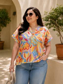 Oxolloxo - Plus Size Multicolour Floral Print Short Sleeve Top