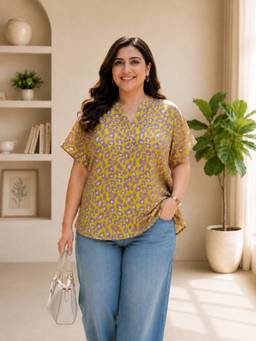 Oxolloxo - Plus Size Yellow Animal Satin Print Short Sleeve Top
