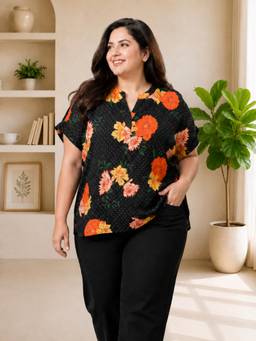 Oxolloxo - Plus Size Black Floral Print Short Sleeve Top