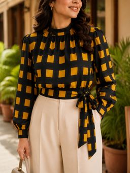 Oxolloxo - Black Check Chiffon Print Tie -Up Detail Top