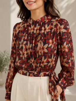 Oxolloxo - Multicolour Floral Chiffon Print Tie -Up Detail Top