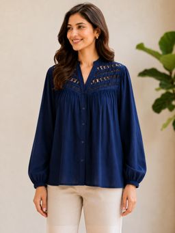 Oxolloxo - Navy Blue Lace and Pleate Detail Button Down Macrame Design Top