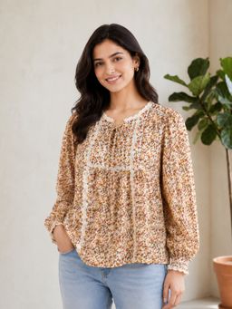 Oxolloxo - Multicolour Floral Print Lace and Button Detail Cotton Dobby Top
