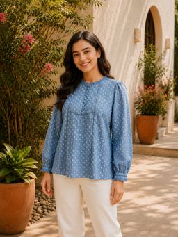Oxolloxo - Blue Lace and Button Detail Cotton Dobby Top