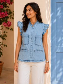 Oxolloxo - Blue Stand Collar Ruffle Detail Short Cap Sleeve Cotton Denim Top