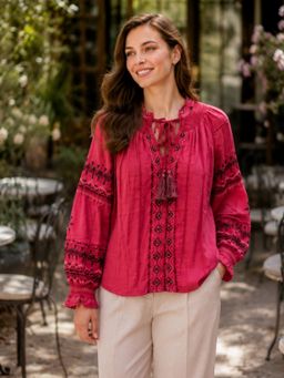 Oxolloxo - Red Cotton Top with Embroidery and Lace Detail