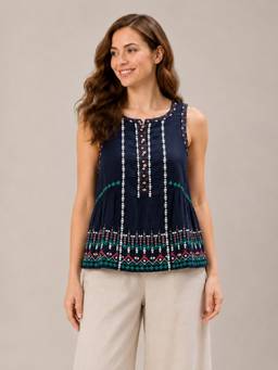 Oxolloxo - Blue Embroidered Sleeveless Cotton Peplum Top