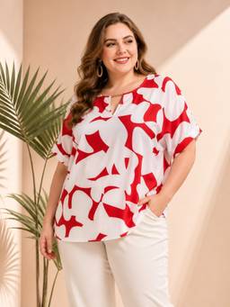 Oxolloxo - Plus Size Red Abstract Print Metal Ring Detail Top