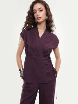 RAREISM - Women'S Ileris-T Purple Linen Blend Wrap Top