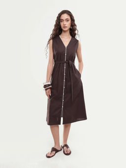 RAREISM - Women'S Silvor Dark Brown Cotton Dress with Belt