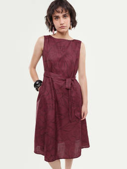 RAREISM - Women'S Straw Dark Maroon Polyester Dress with Belt