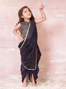 Mini Stitch - Sequin Top Solid Dhoti With Saree Style Dupatta Set For Girls (Set of 3)
