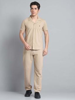 Monte Carlo - Men Self Design Beige Collar Neck Half Sleeve Co-Ord (Set of 2)