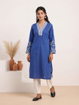 EKOHUM - Blue Cotton Linen Kurta And Pant
