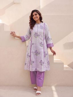 EKOHUM - Purple Block Printed Shifli Cotton Kurta With Salwar