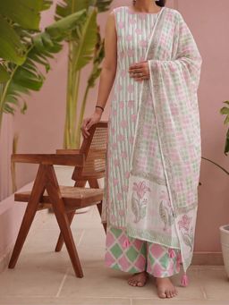 EKOHUM - Pink Block Print Cotton Kurta Pant And Dupatta