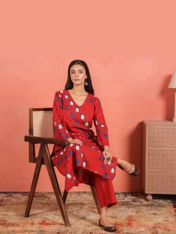 EKOHUM - Red Cotton Slub Kurta And Pant