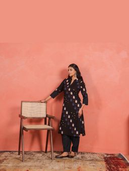 EKOHUM - Black Cotton Slub Kurta With Afghani Pant