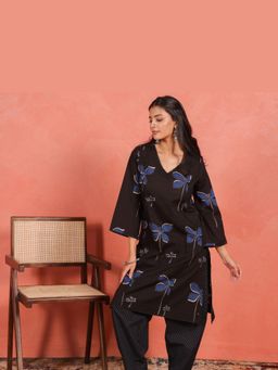 EKOHUM - Black Cotton Slub Pleated Kurta With Afghani Pant