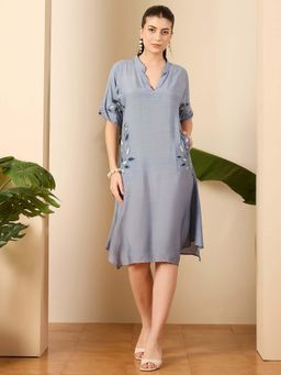 First Resort by Ramola Bachchan - Women Blue Chambray Embroidered Dress