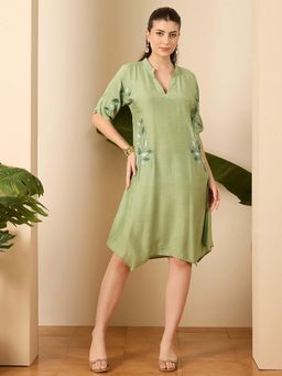 First Resort by Ramola Bachchan - Women Fern Green Embroidered Dress