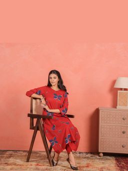 EKOHUM - Red Cotton Slub Comfort Fit A-Line Kurta With Pant