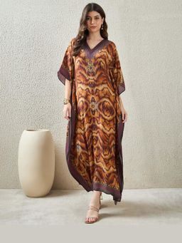 First Resort by Ramola Bachchan - Women Brown Animal Jewel Print Full Length Kaftan Dress