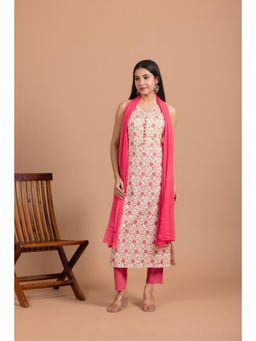 LABEL MAE - Womens Floral Printed Sleeveless Pink Kurta with Pant and Dupatta