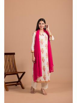 LABEL MAE - Womens Floral Motif Straight Off White Kurta with Pant and Dupatta