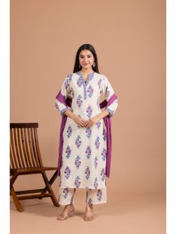 LABEL MAE - Blossom Hand-Block Off White Printed Cotton Kurta with Pant and Dupatta