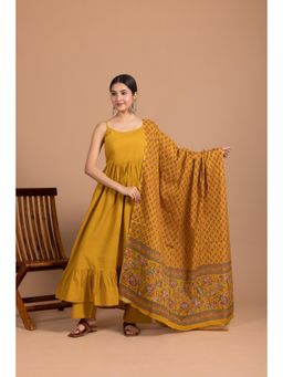 LABEL MAE - Ochre Mustard Strappy Anarkali Kurta with Pant and Dupatta